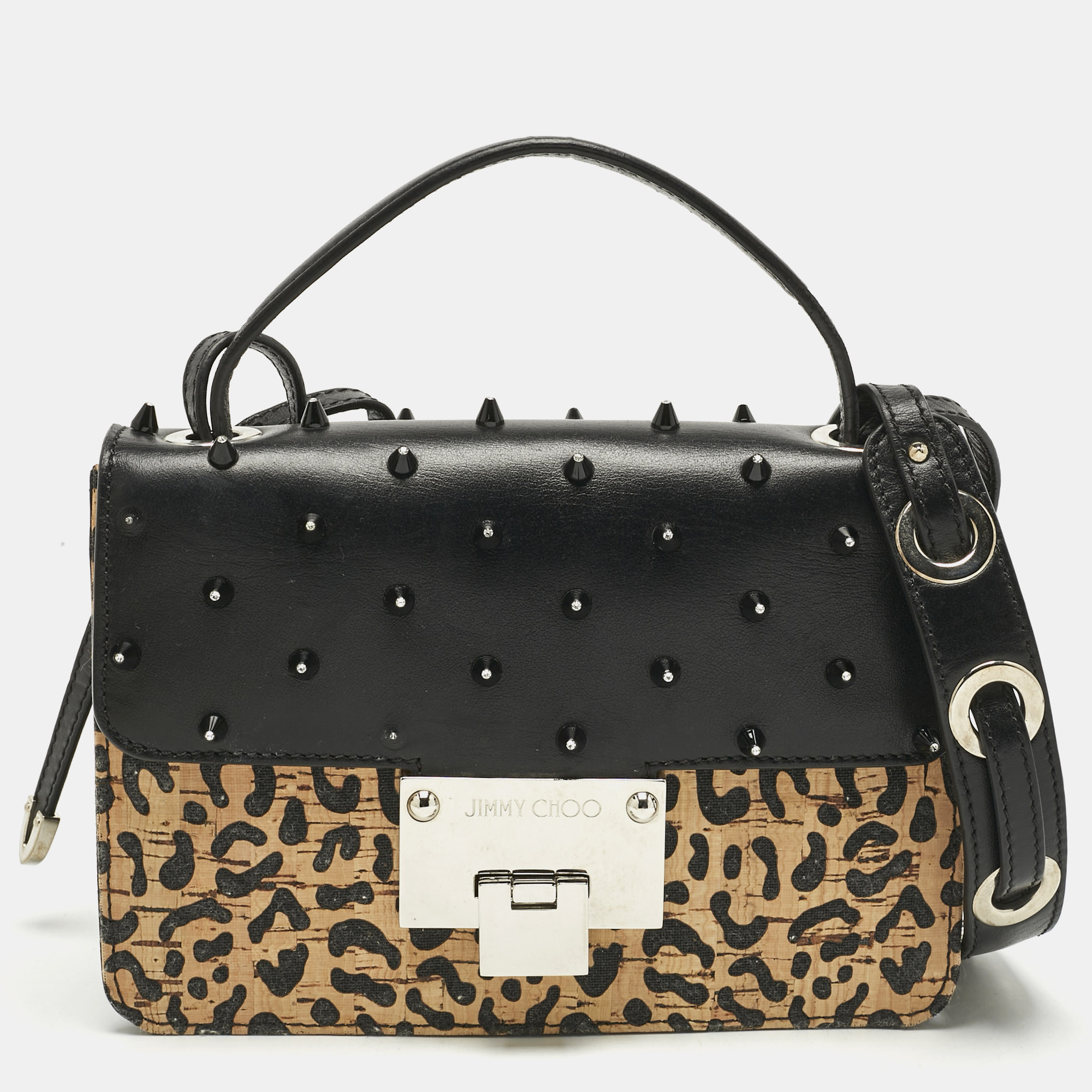 Pre-owned Jimmy Choo Black/beige Leopard Print Cork And Leather Rebel Embellished Crossbody Bag