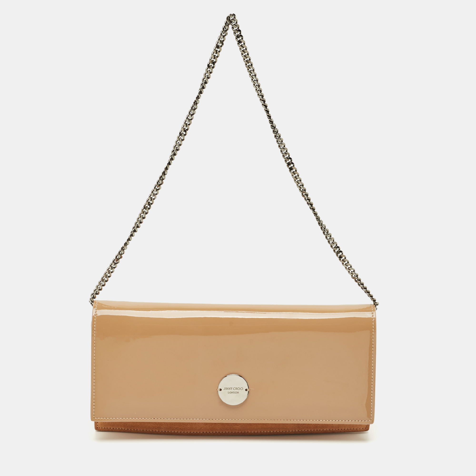 

Jimmy Choo Beige Patent Leather and Suede Fie Chain Clutch