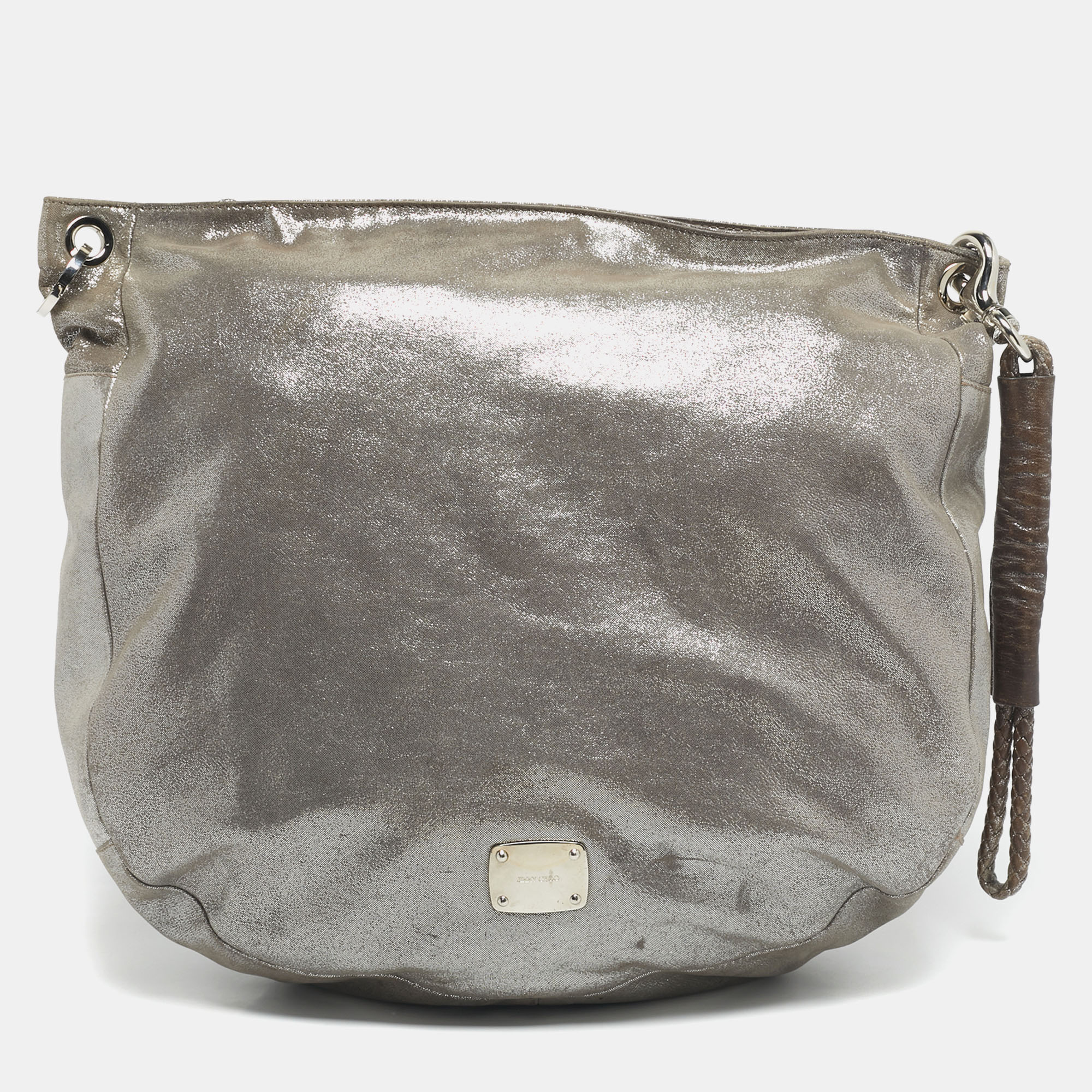 Pre-owned Jimmy Choo Silver Iridescent Leather Large Sky Bangle Hobo