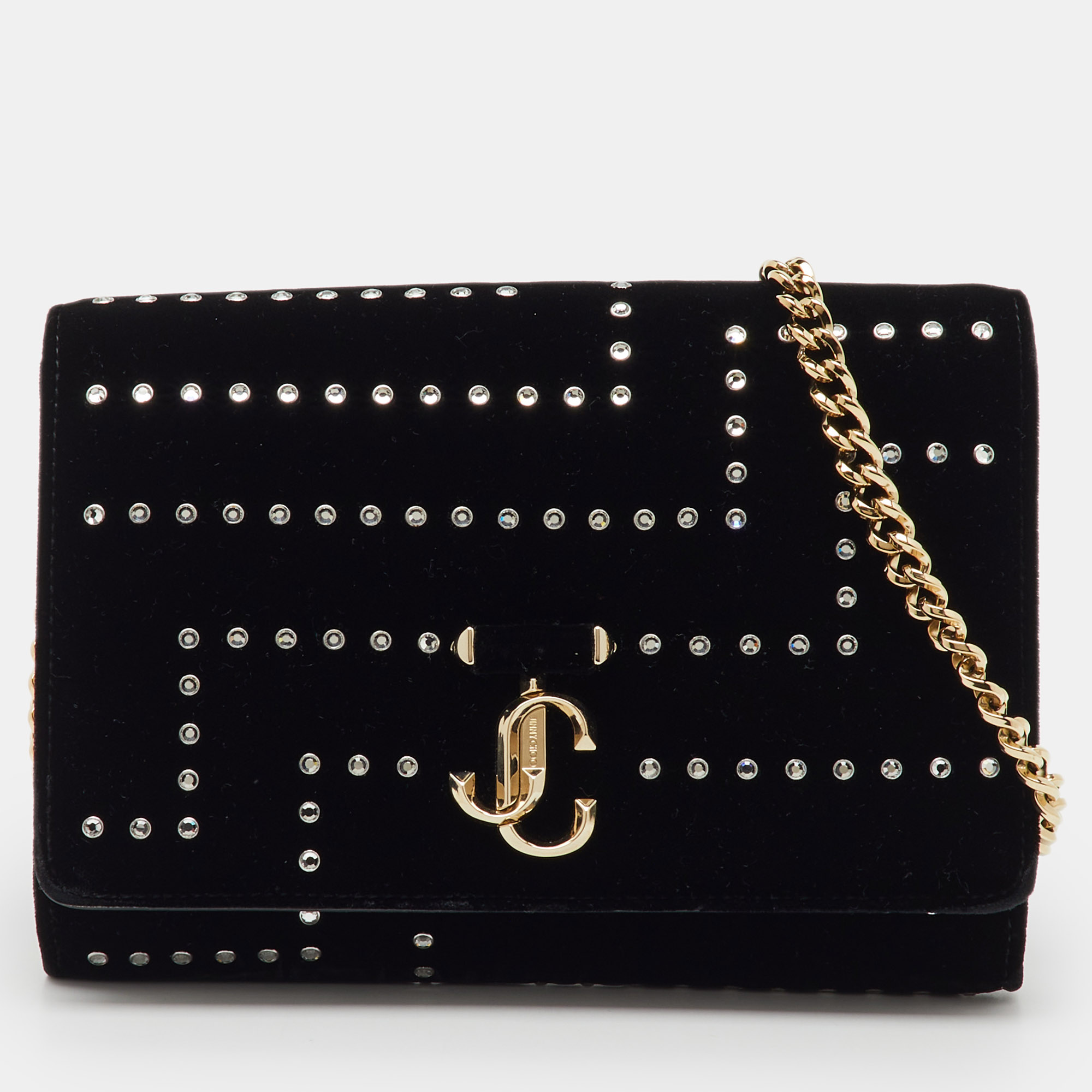 Pre-owned Jimmy Choo Black Velvet Crystal Embellished Varenne Chain Clutch
