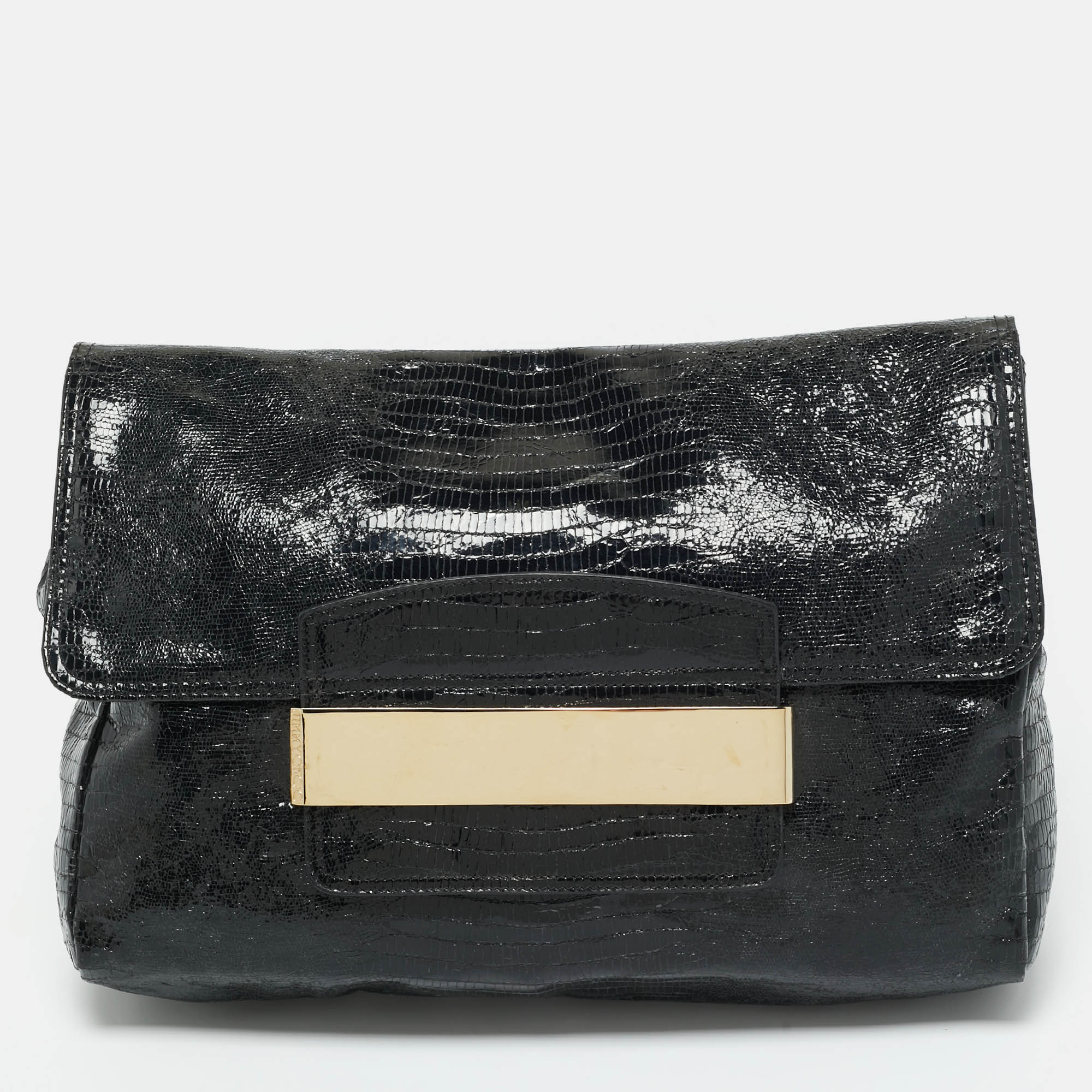 Pre-owned Jimmy Choo Black Lizard Embossed Glossy Leather Carolina Clutch