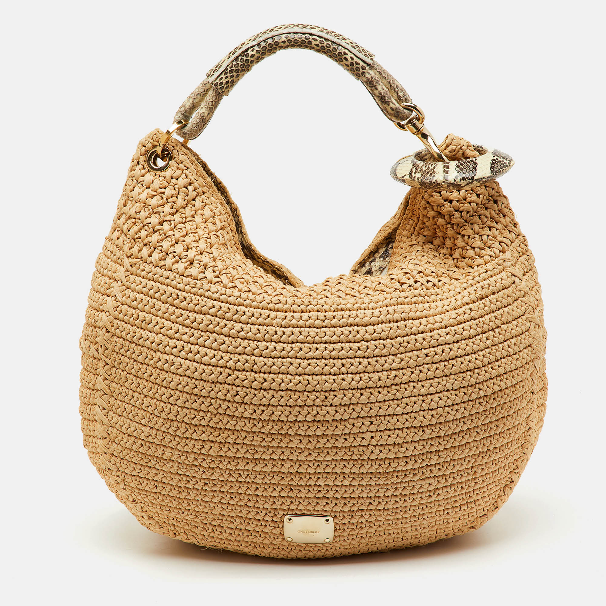 Pre-owned Jimmy Choo Beige/black Raffia And Snakeskin Trim Sky Hobo In Sand