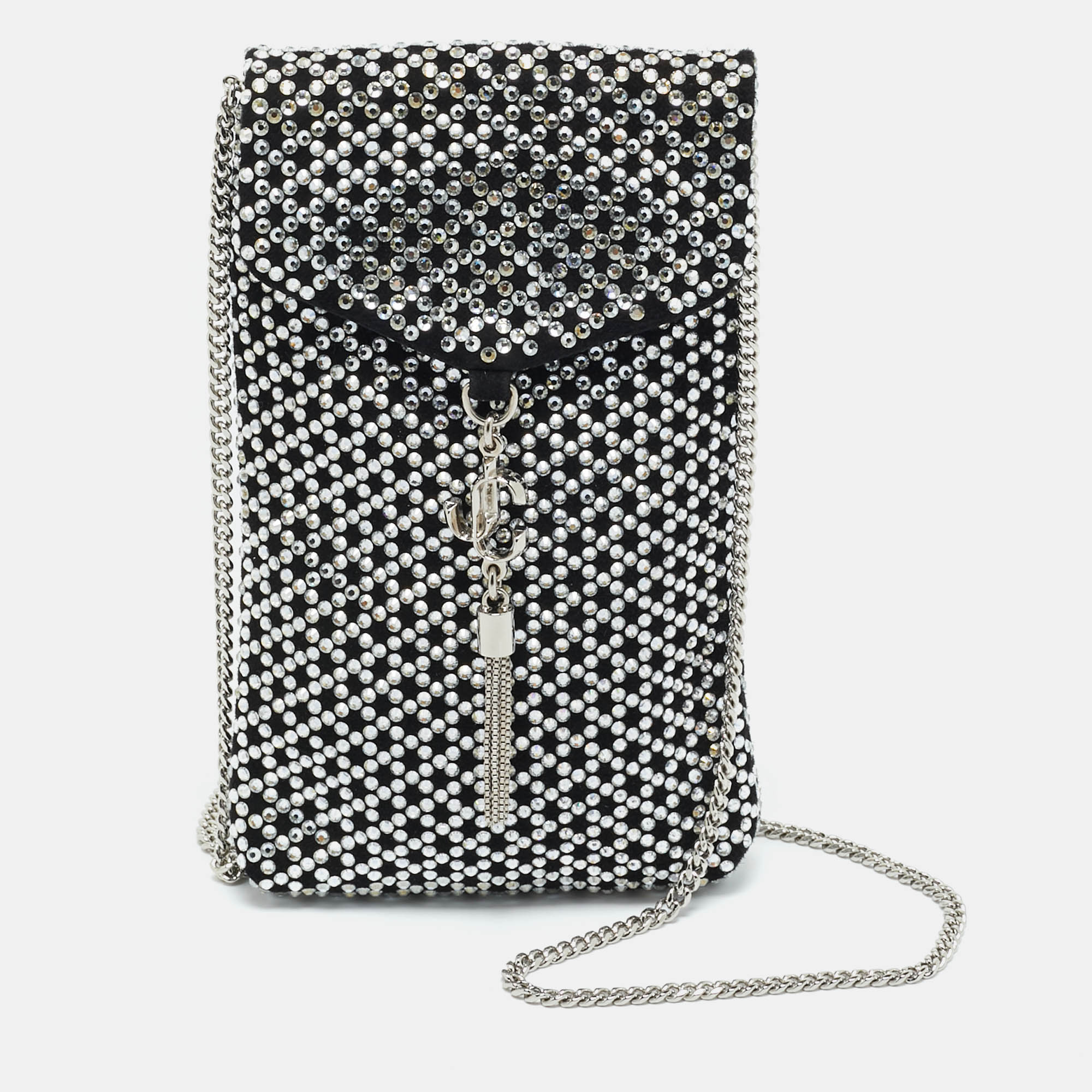 Pre-owned Jimmy Choo Black Suede Crystal Embellished Phone Pouch With Chain
