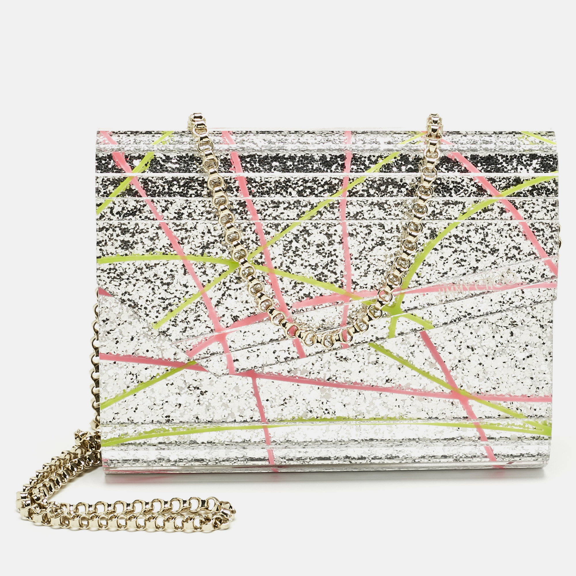 

Jimmy Choo Silver Acrylic Paint Splatter Candy Chain Clutch