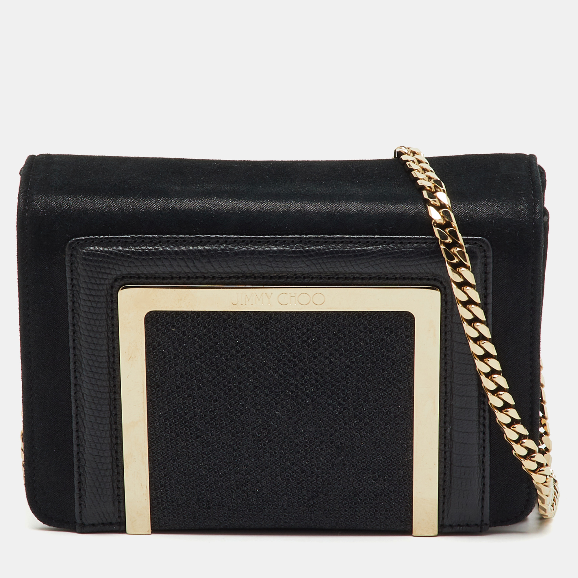 Pre-owned Jimmy Choo Black Leather And Shimmer Fabric Alba Chain Clutch