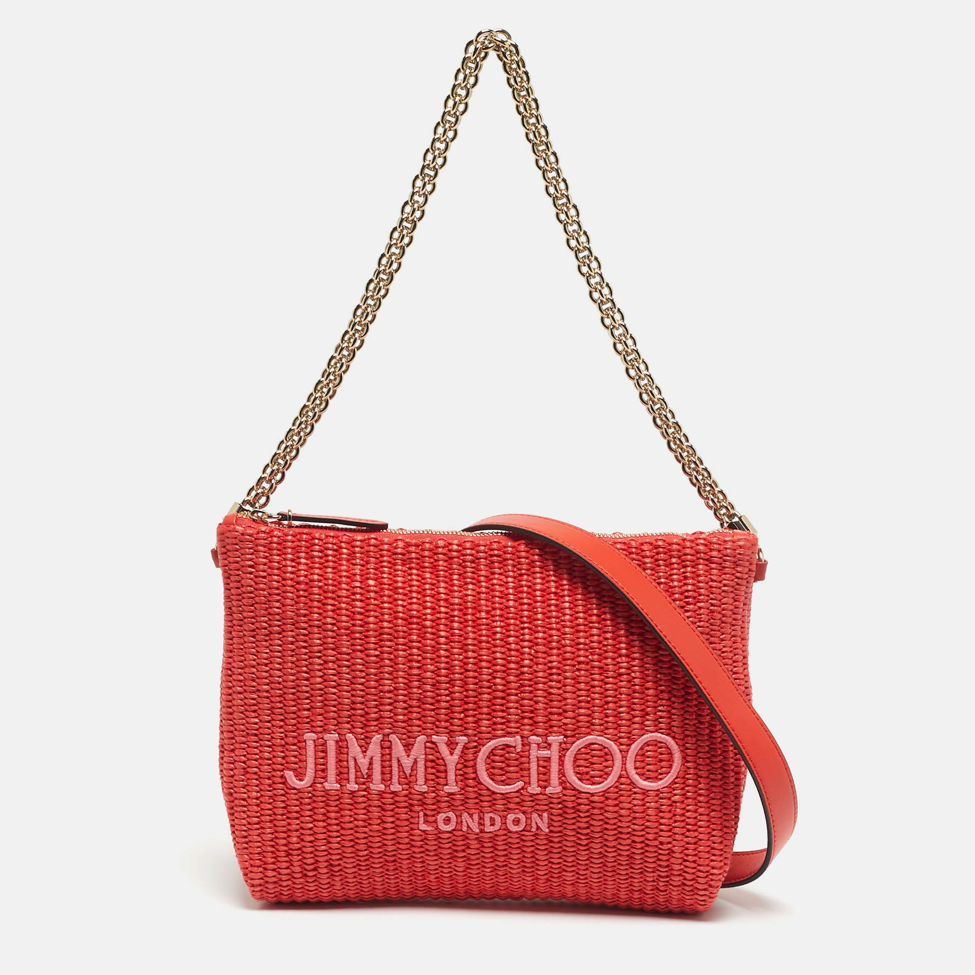 

Jimmy Choo Red Woven Raffia Callie Shoulder Bag