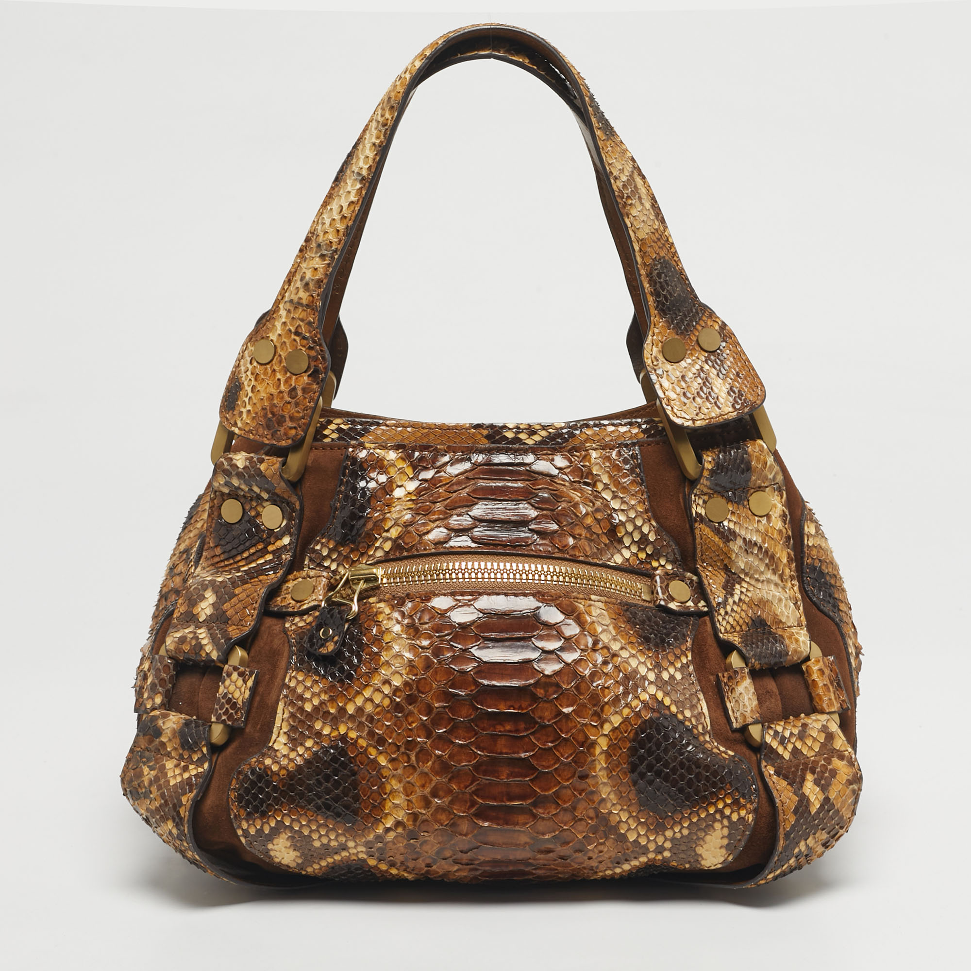 Pre-owned Jimmy Choo Bronze/brown Python And Suede Mahala Tote