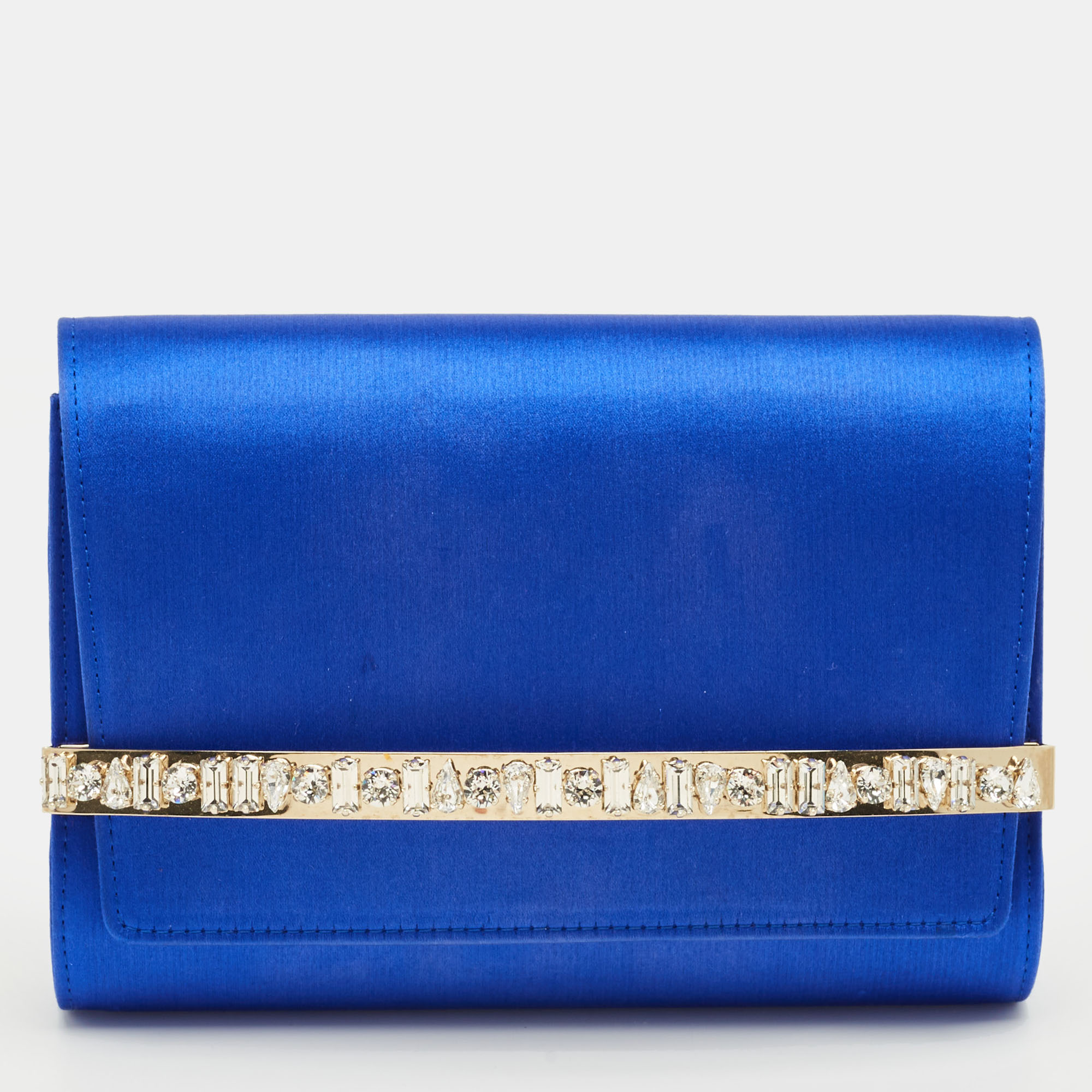 

Jimmy Choo Blue Satin Crystals Embellished Flap Clutch
