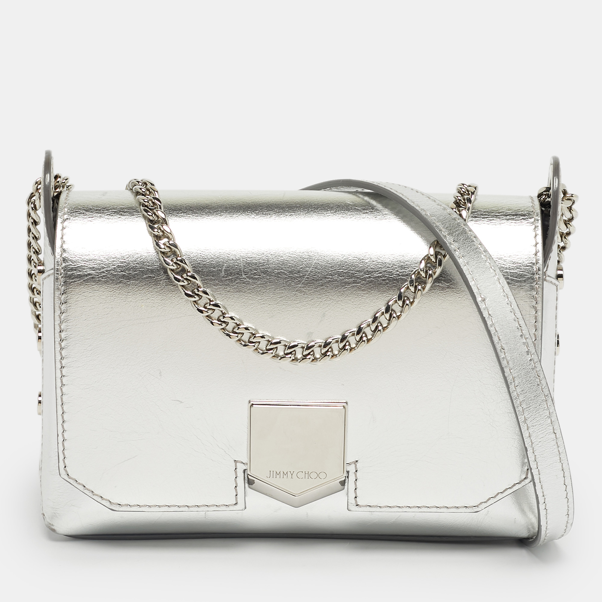 

Jimmy Choo Silver Leather Lockett City Shoulder Bag