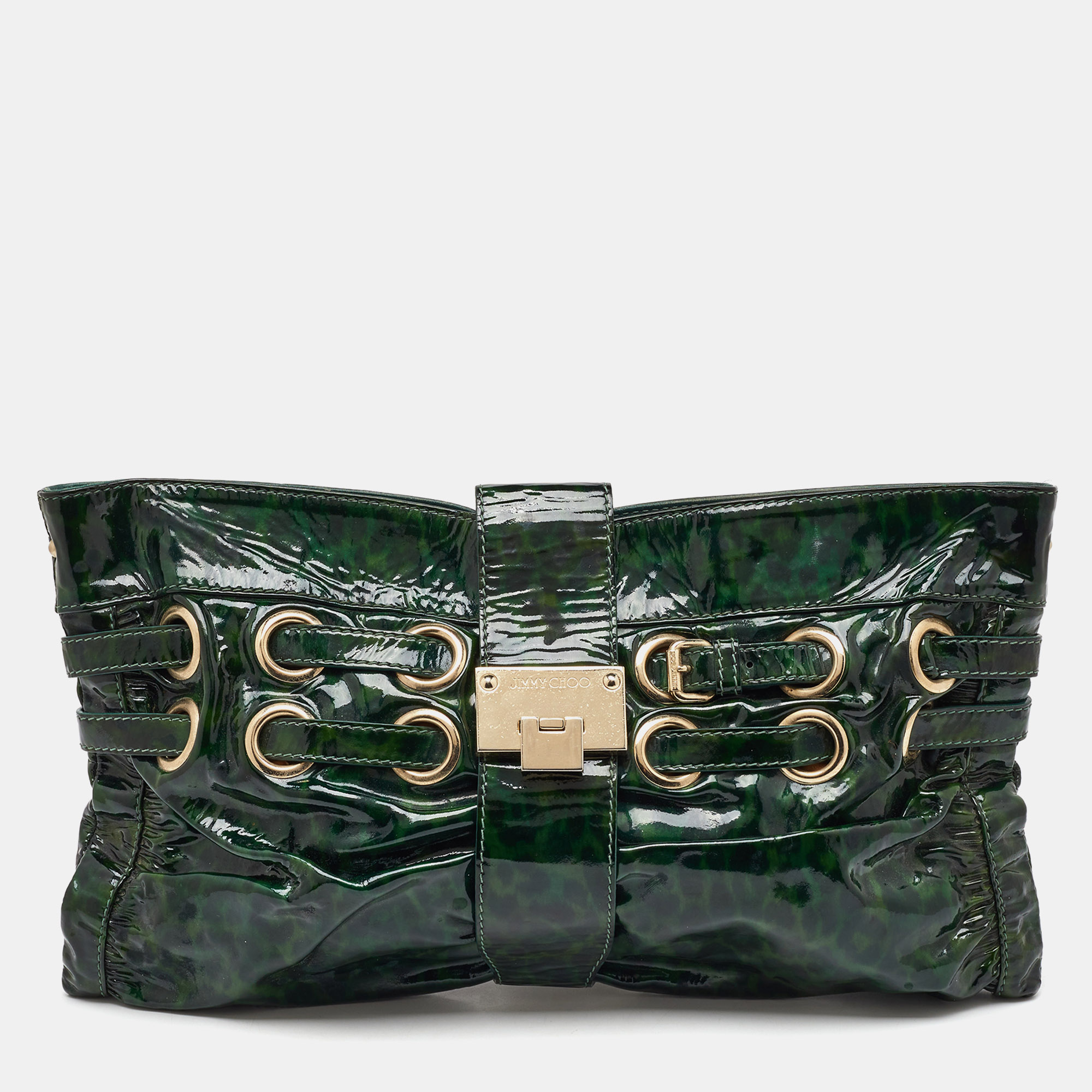 Pre-owned Jimmy Choo Green Leopard Print Patent Leather Clutch