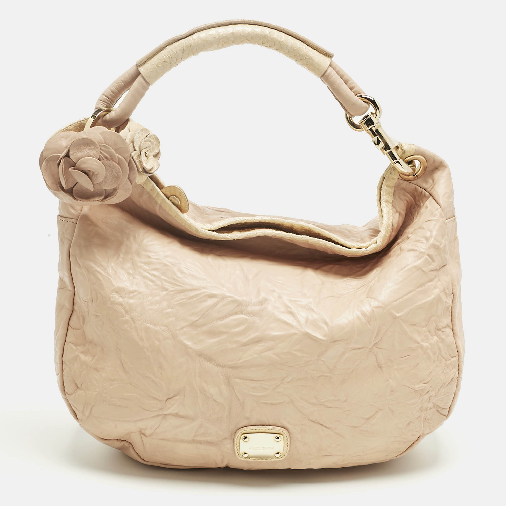 Pre-owned Jimmy Choo Peach Textured Leather And Snakeskin Small Sky Bangle Hobo In Orange