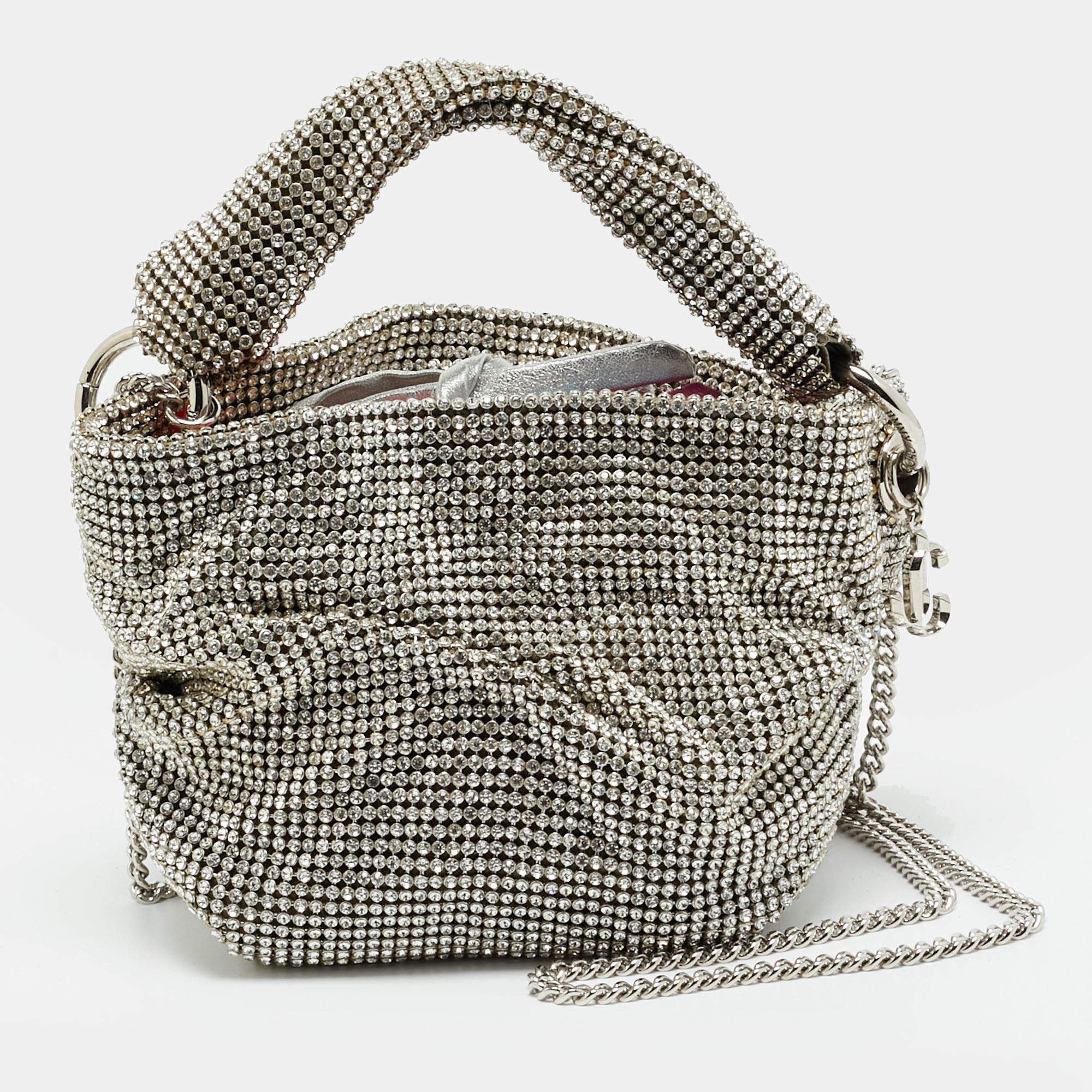 Pre-owned Jimmy Choo Silver Crystal Mesh And Satin Bonny Chain Clutch