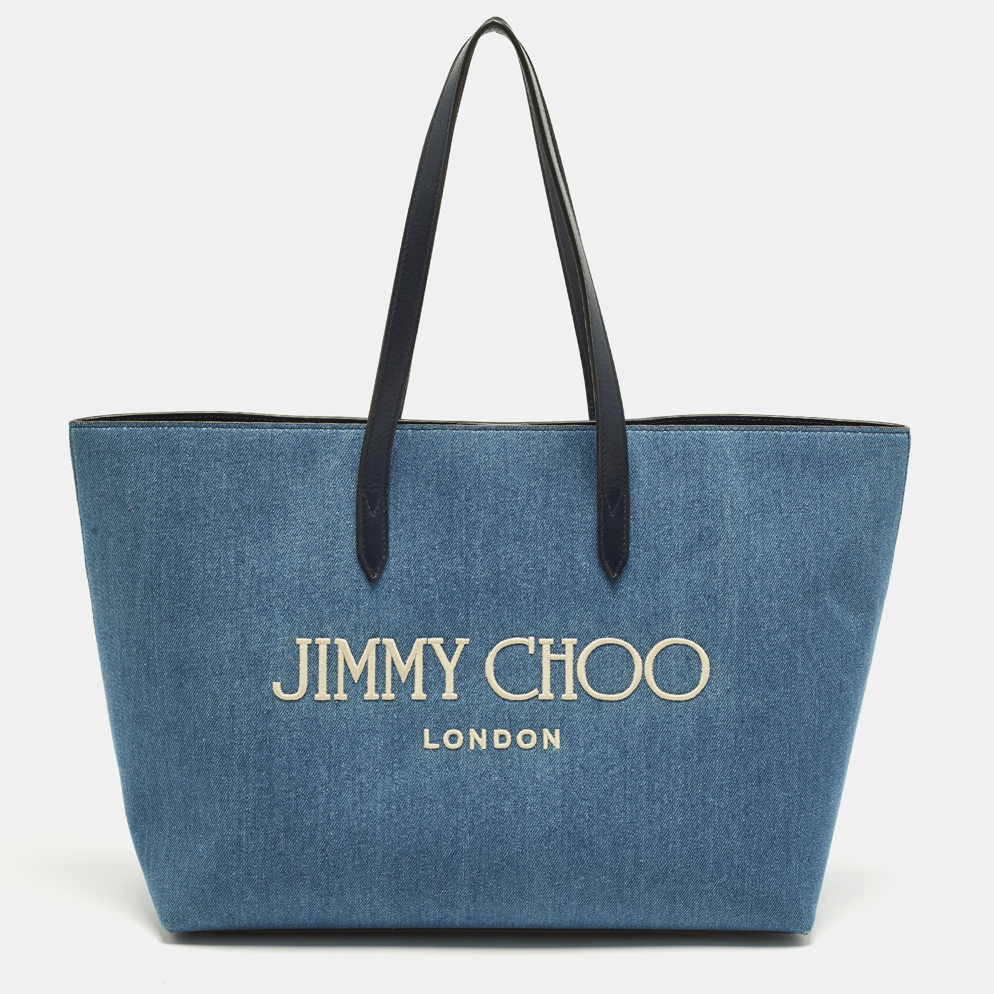 Pre-owned Jimmy Choo Logo Blue Denim And Leather Shopper Tote