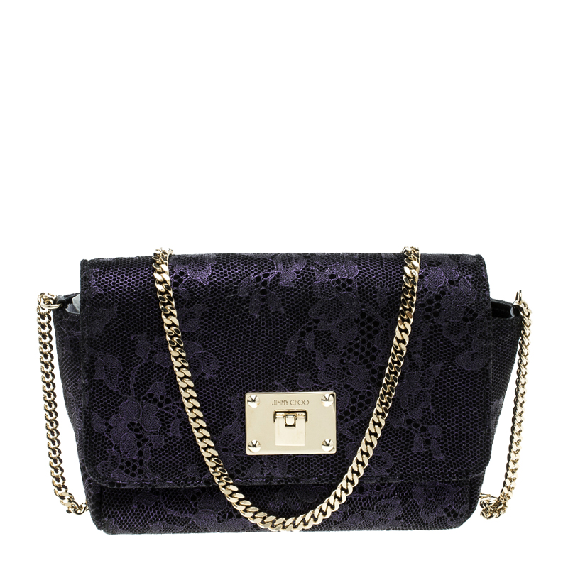 Pre Owned Jimmy Choo Purple Lace Mini Ruby Shoulder Bag