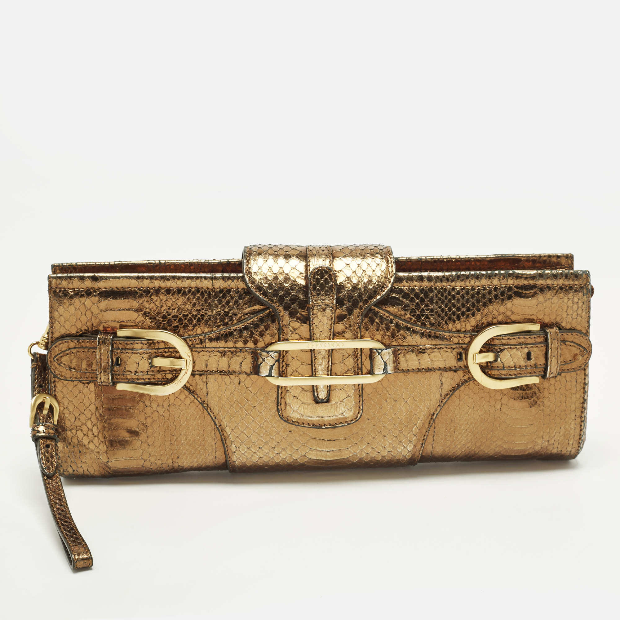 

Jimmy Choo Tulita Gold Watersnake Leather Wristlet Clutch