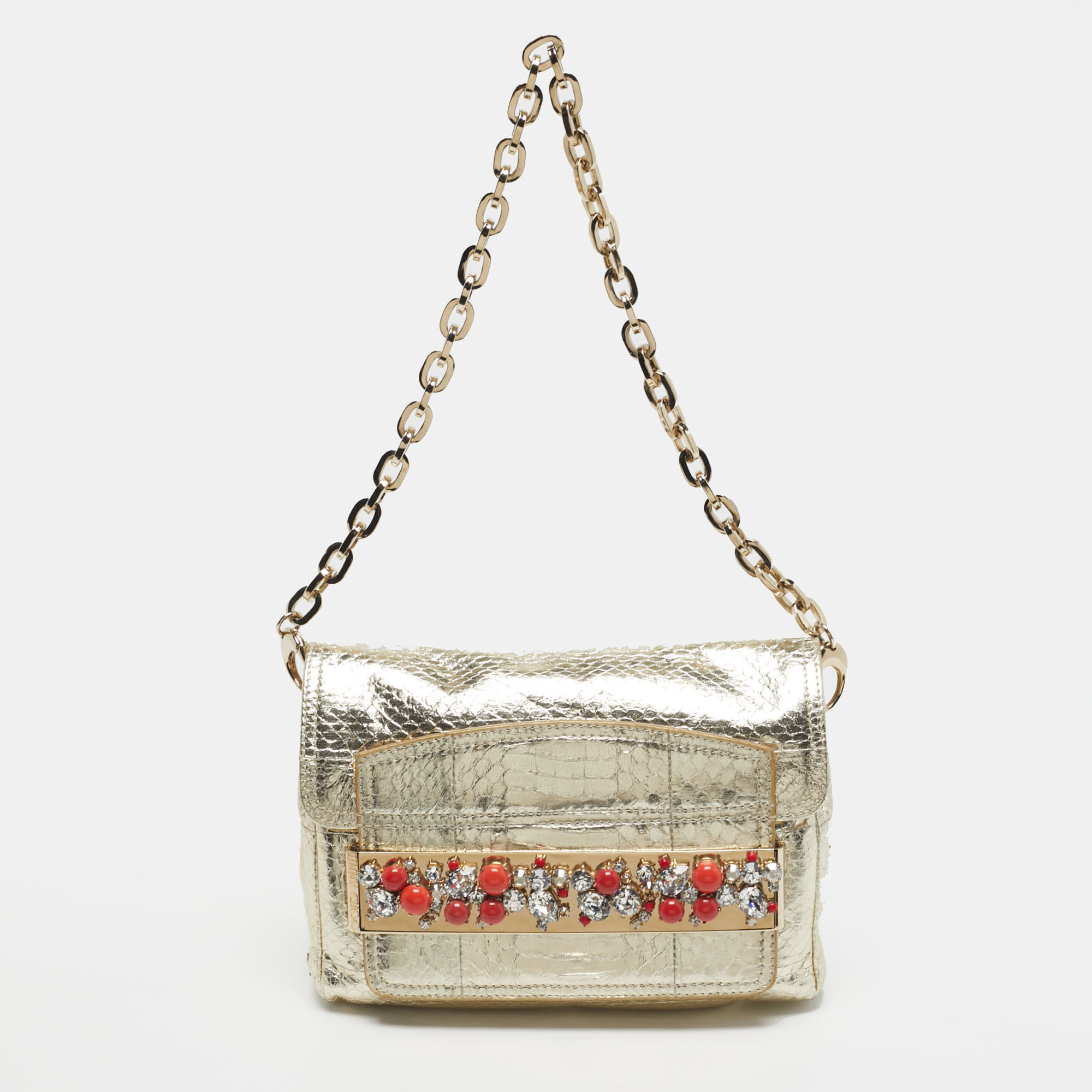 

Jimmy Choo Crystal Embellished Gold Python Chain Flap Clutch