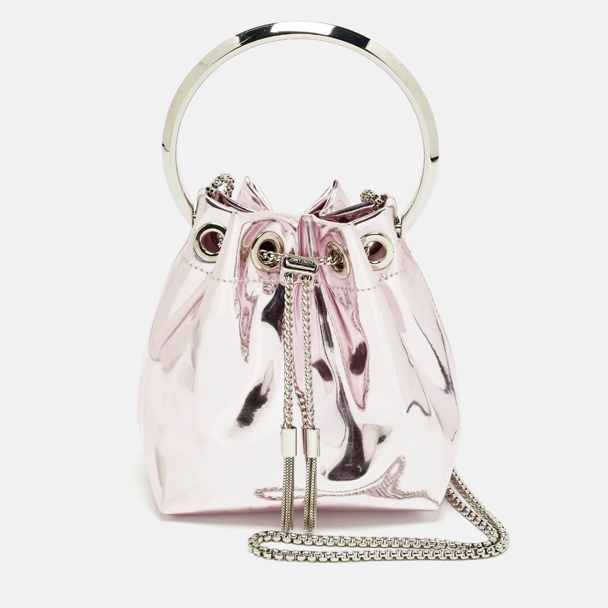 

Jimmy Choo BonBon Pink Mirror Leather Bucket Bag