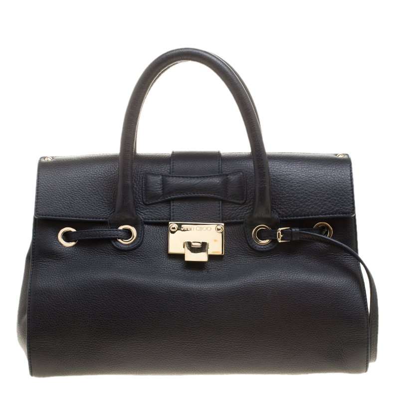 Jimmy Choo Navy Blue Grainy Leather Rosalie Top Handle
