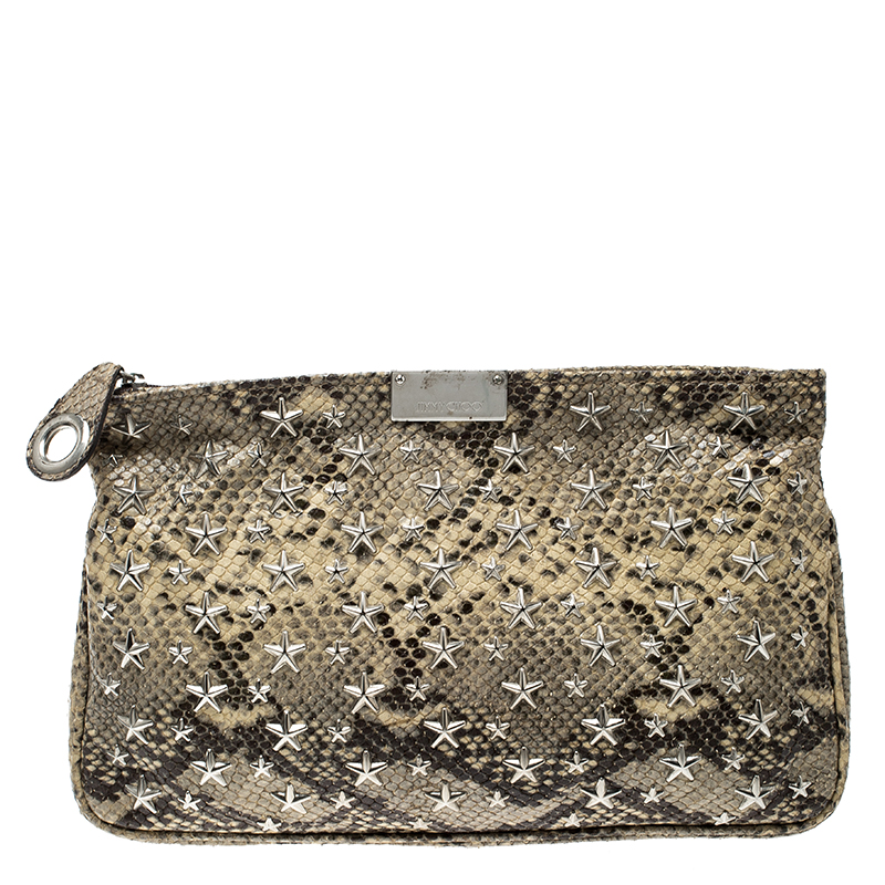 Jimmy Choo Beige Python Star Studded Clutch