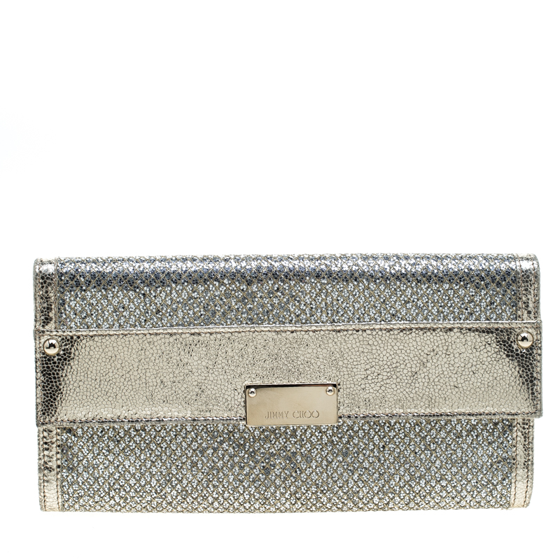 مملوكة مسبقًا Jimmy Choo Gold Metallic Leather and Glitter Reese Continental Clutch