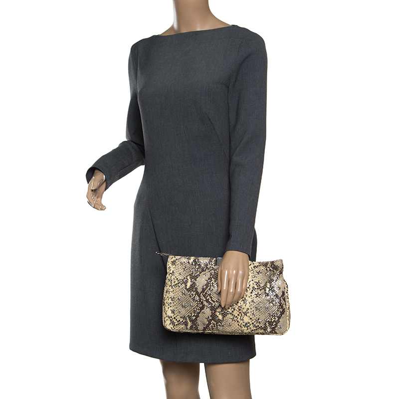 

Jimmy Choo Beige Python Embossed Leather Star Studded Zulu Clutch