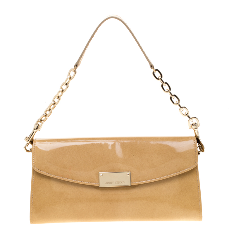 Beige patent shop leather clutch