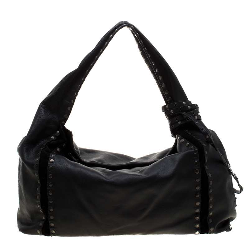 Pre Owned  حقيبة هوبو جيمي تشو سابا مرصة سويدي وجلد سوداء