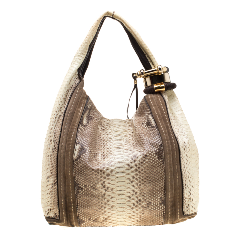 Pre-owned Jimmy Choo Light Yellow/beige Python And Suede Saba Hobo