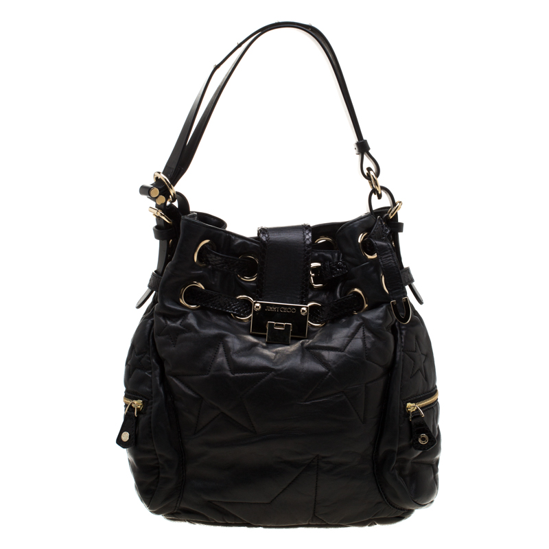 Jimmy Choo Black Leather and Snakeskin Trim RIki Side Pocket
