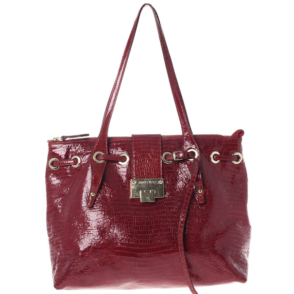 مملوكة مسبقًا Jimmy Choo Red Lizard Embossed Patent Leather Rhea Shopper Tote Bag