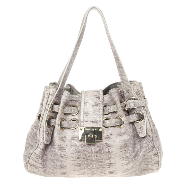 Pre Owned Jimmy Choo Grey Lizard Embossed Biker Ramona Tote 