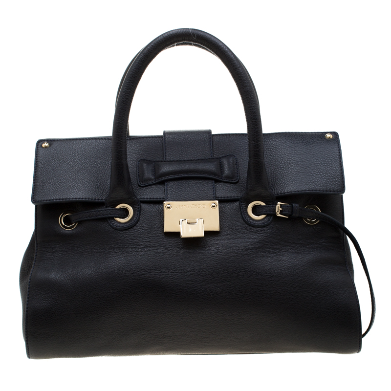 Pre Owned Jimmy Choo Navy Blue Grainy Leather Rosalie Top Handle