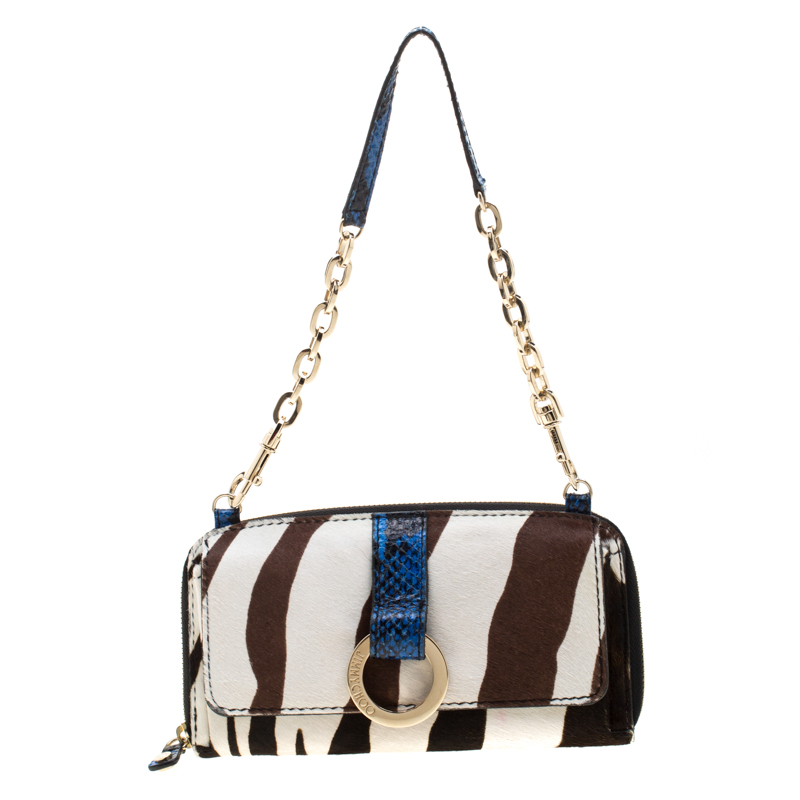Jimmy Choo Multicolor Zebra Print Calfhair and Snakeskin Embossed Zip Around Wallet on Chain