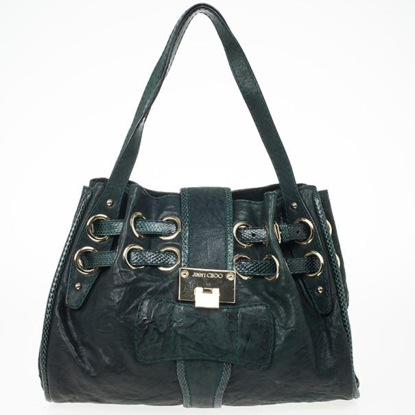 Pre Owned Jimmy Choo Green Leather and Python Embossed Riki Shoulder Bag