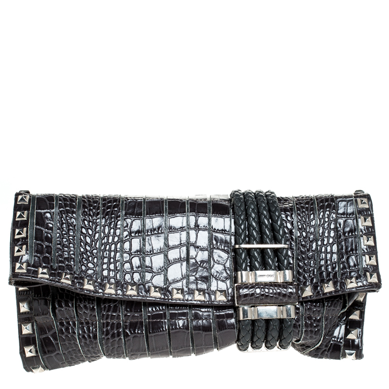 Pre Owned Jimmy Choo Black Croc Embossed Leather Studded Chandra Clutch
