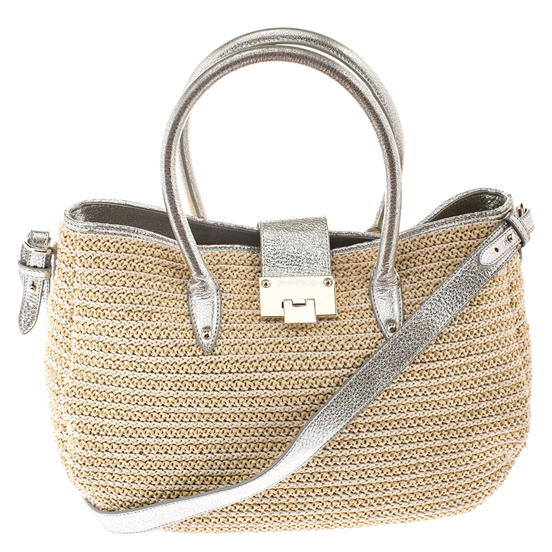 Pre Owned Jimmy Choo Beige/Silver Raffia and Shimmer Leather Rania Tote