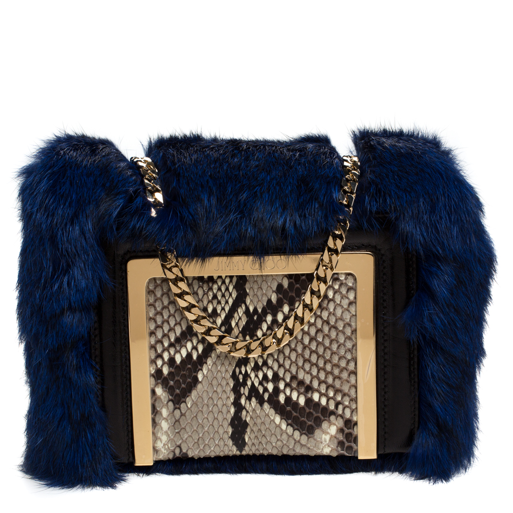 مملوكة مسبقًا Jimmy Choo Blue Fur and Python Ava Crossbody Bag