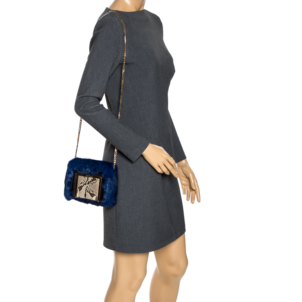 

Jimmy Choo Blue Fur and Python Ava Crossbody Bag