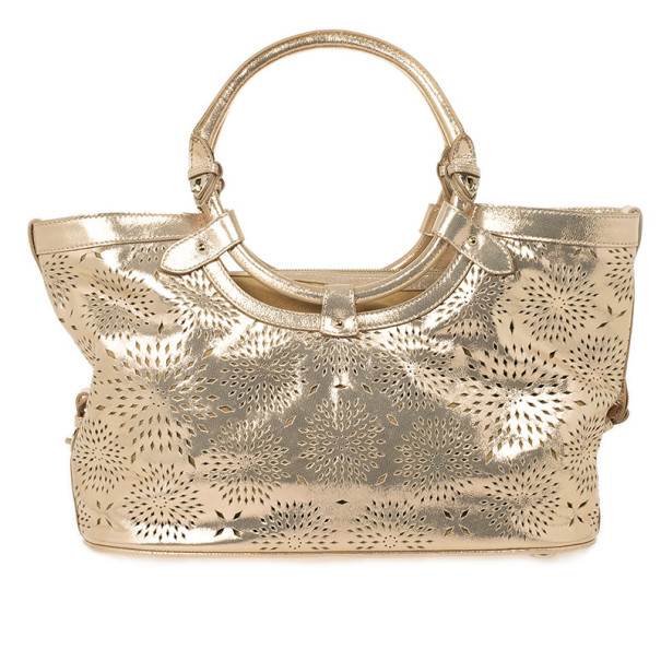 Pre Owned Jimmy Choo Gold Leather Laser Cut Tote