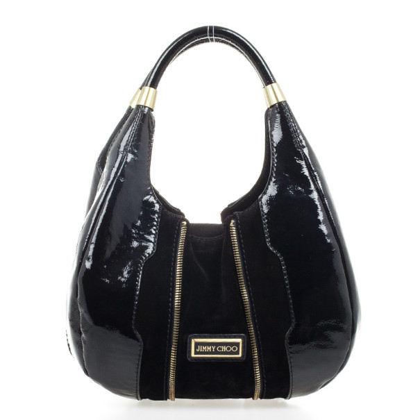 Pre Owned Jimmy Choo Black Patent and Suede Middle Zip Hobo