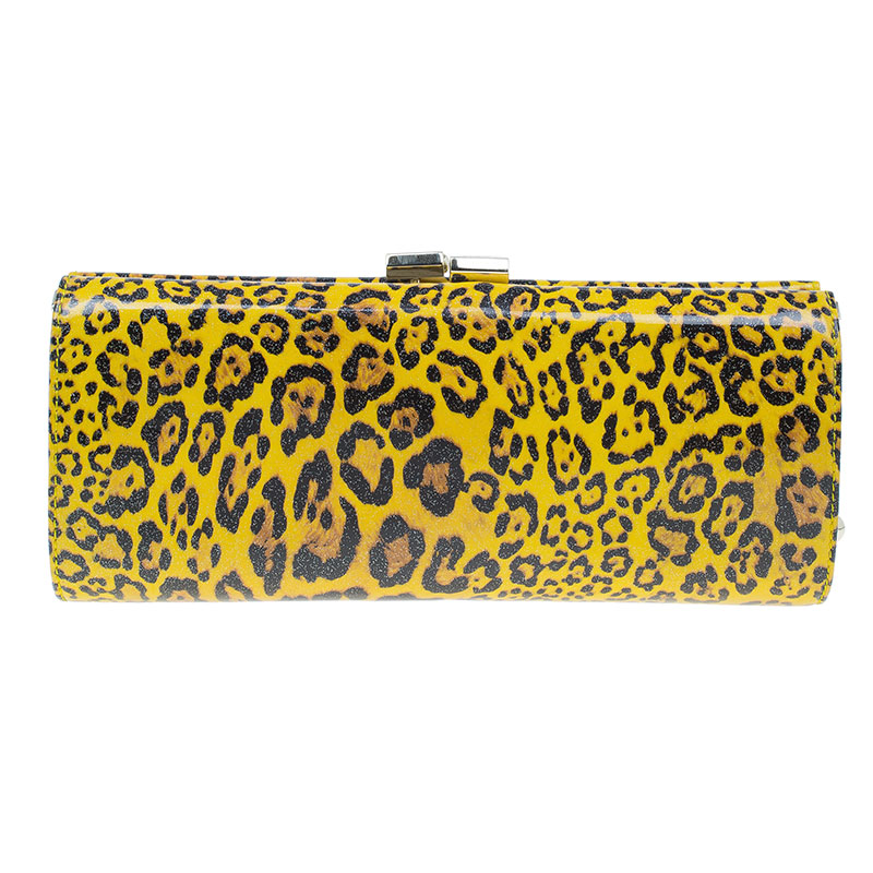 مملوكة مسبقًا Jimmy Choo Yellow Patent Leopard Print Twill Tube Clutch