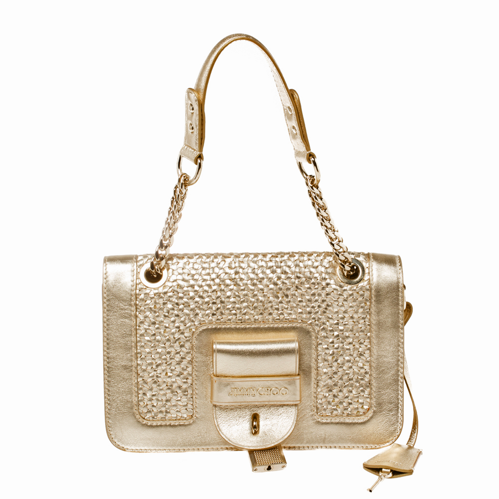 Pre-owned Jimmy Choo Gold Woven Leather Padlock Flap Shoulder Bag ...