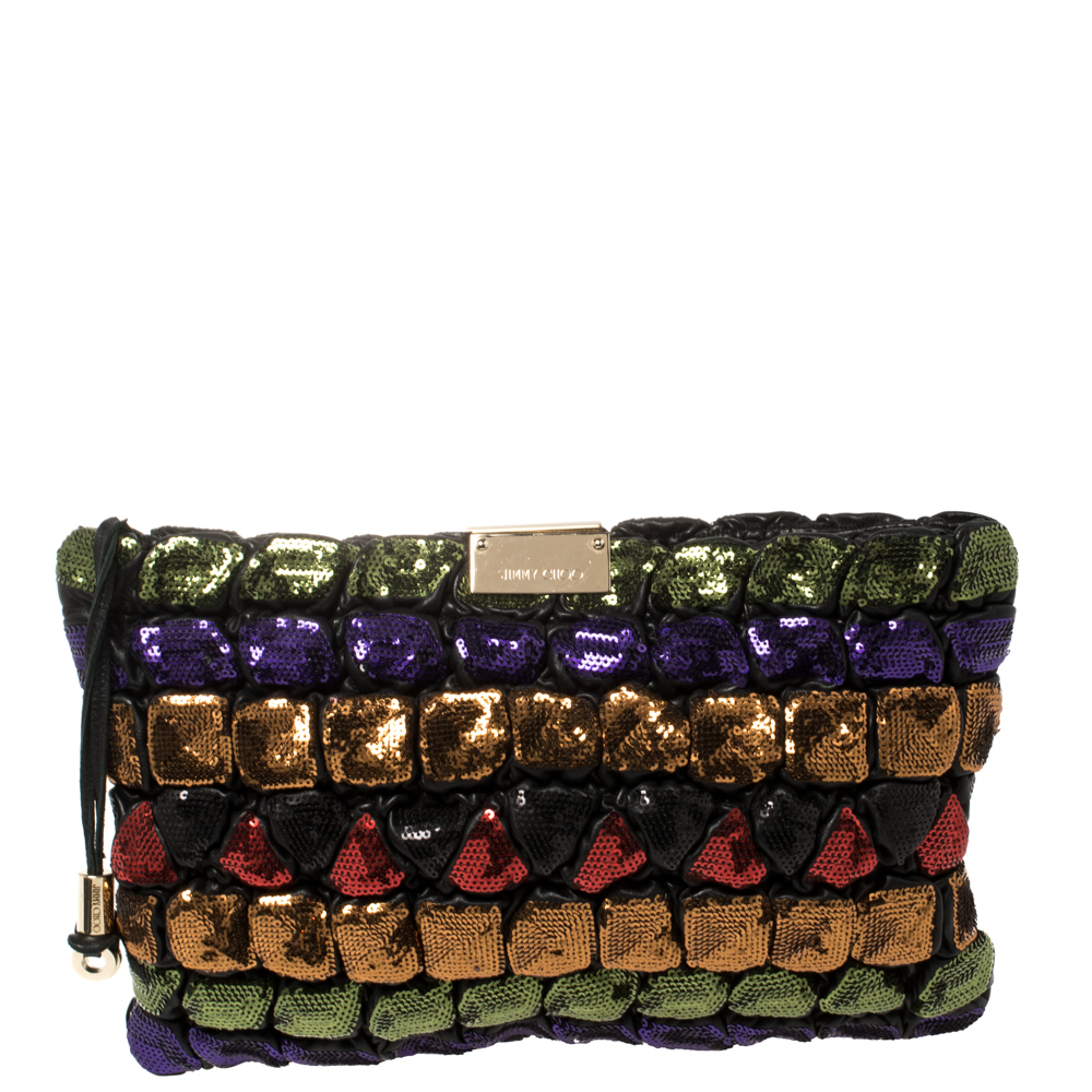 Pre-owned Jimmy Choo Multicolor Sequins And Leather Colorblock Wristlet Clutch