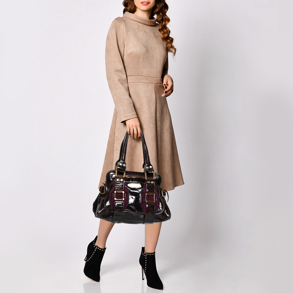 

Jimmy Choo Dark Brown/Purple Patent Leather and Suede Malena Satchel