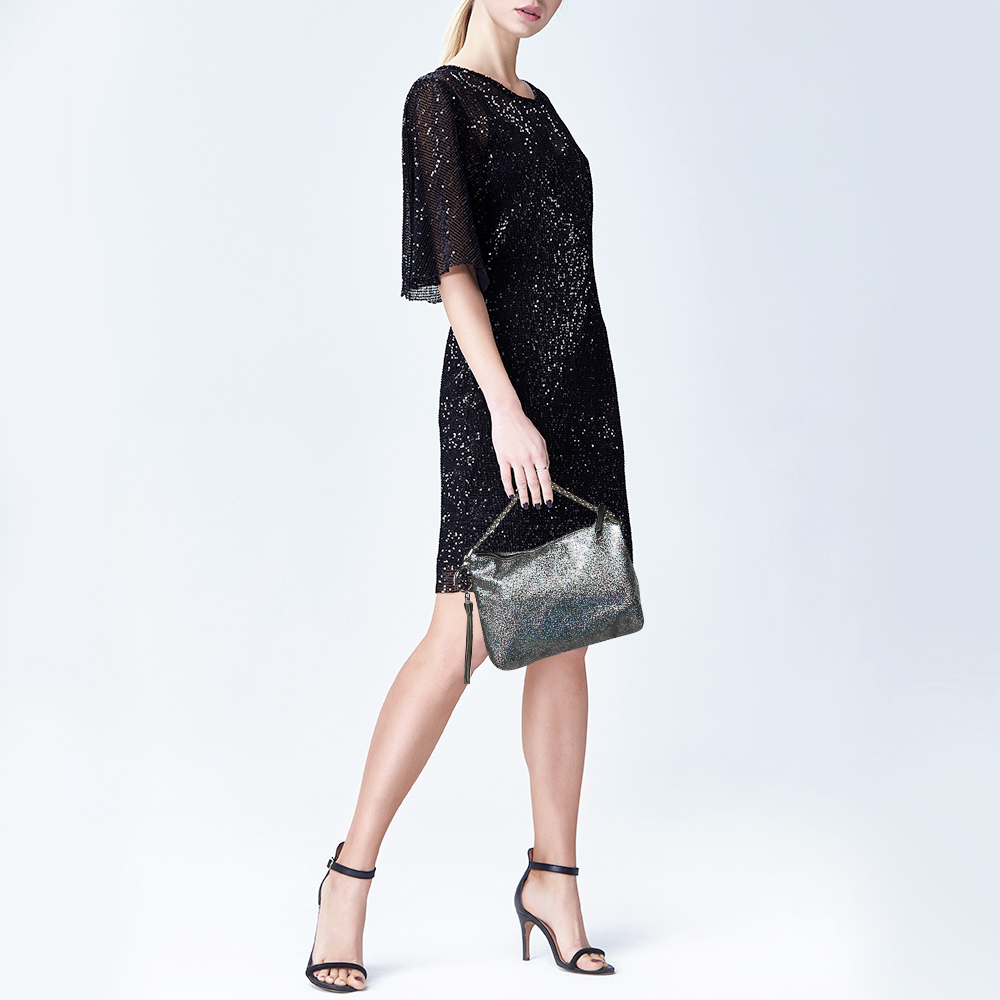 

Jimmy Choo Silver Glitter Fabric Chain Clutch