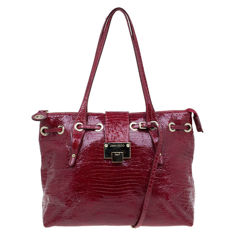 مملوكة مسبقًا حقيبة يد جيمي تشو رهيا شوبر جلد لامع نقش سحلية أحمر