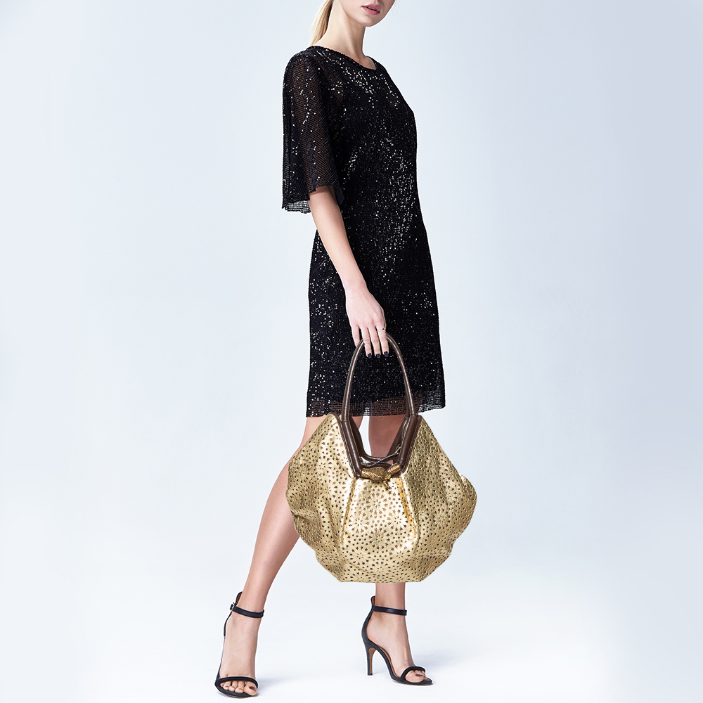 

Jimmy Choo Gold/Brown Laser Cut Leather Snake Head And Tail Hobo