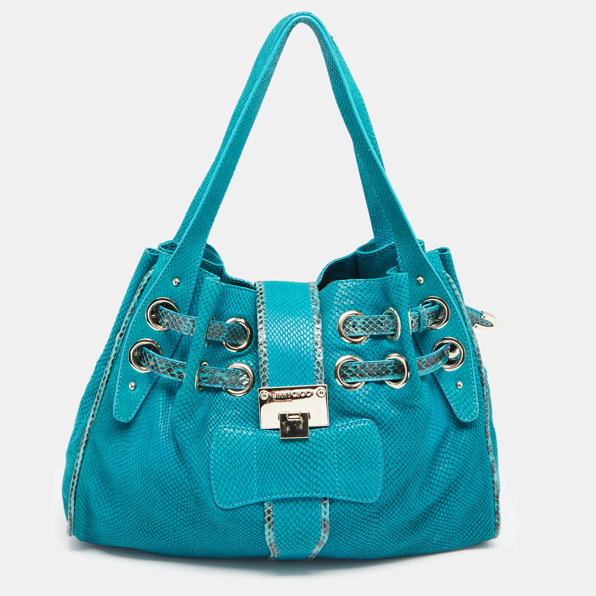 

Jimmy Choo Turquoise Embossed Suede and Snakeskin Trim Riki Tote, Green