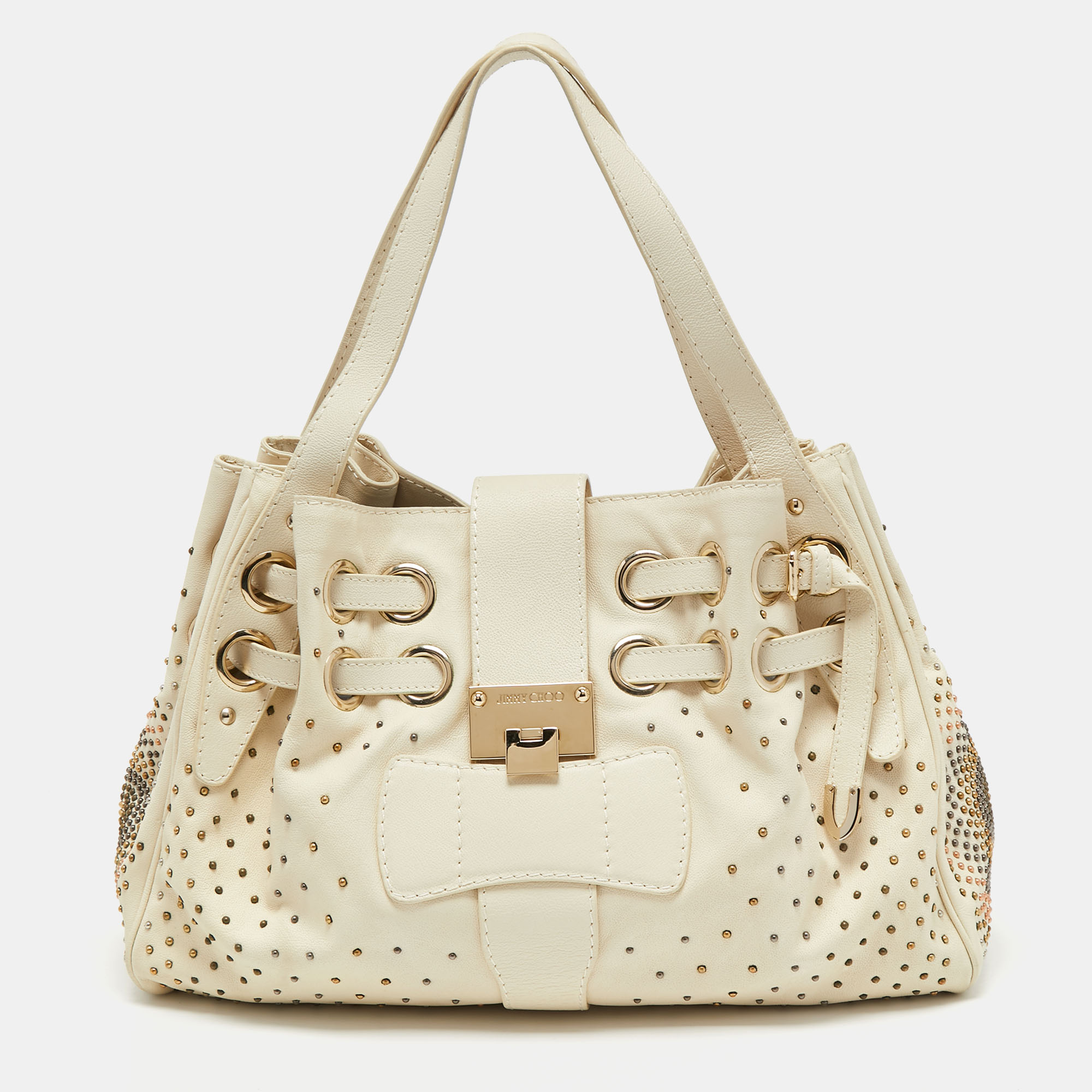 Pre-owned Jimmy Choo Off White Leather Studded Riki Tote