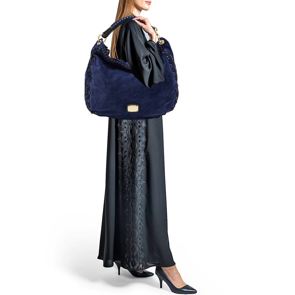 

Jimmy Choo Navy Blue/Black Suede and Watersnake Whipstitch Sky Hobo